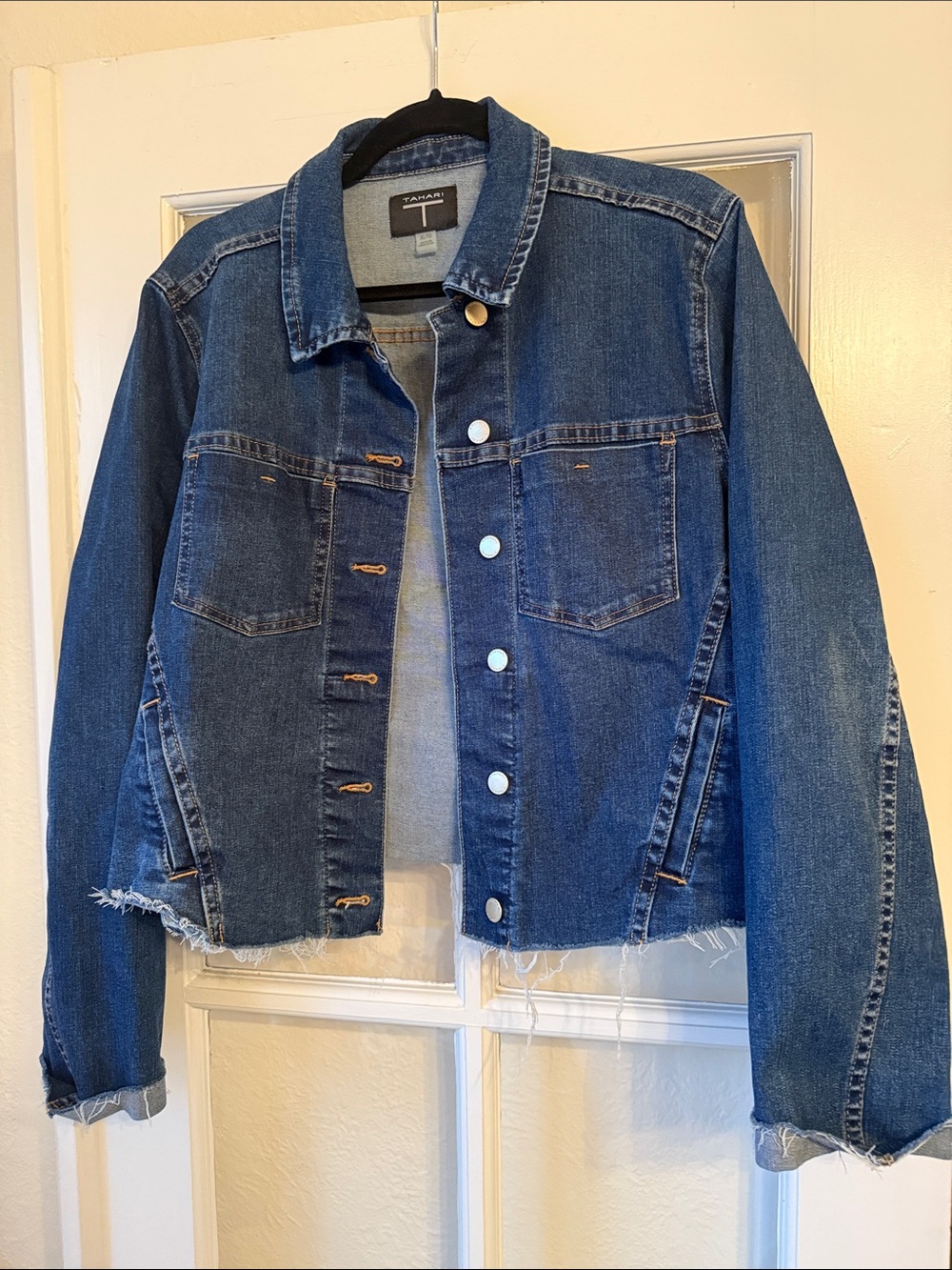 Tahari Denim Cropped Jacket with Raw Hem